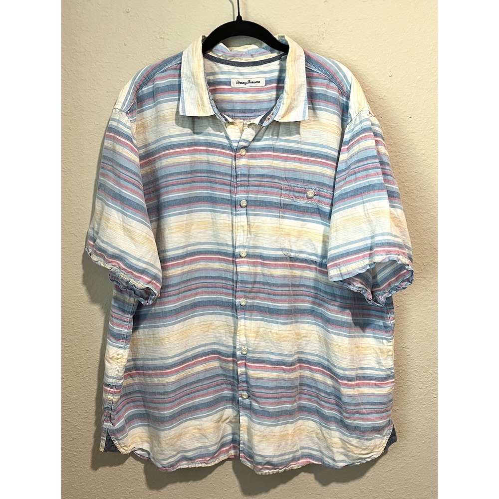 Tommy Bahama B&T Sand Linen Blend Sicily Stripe Men's 2XLT Camp Shirt Short Slv